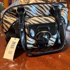 Elegant Black and Cream Zebra Print Leather Satchel
